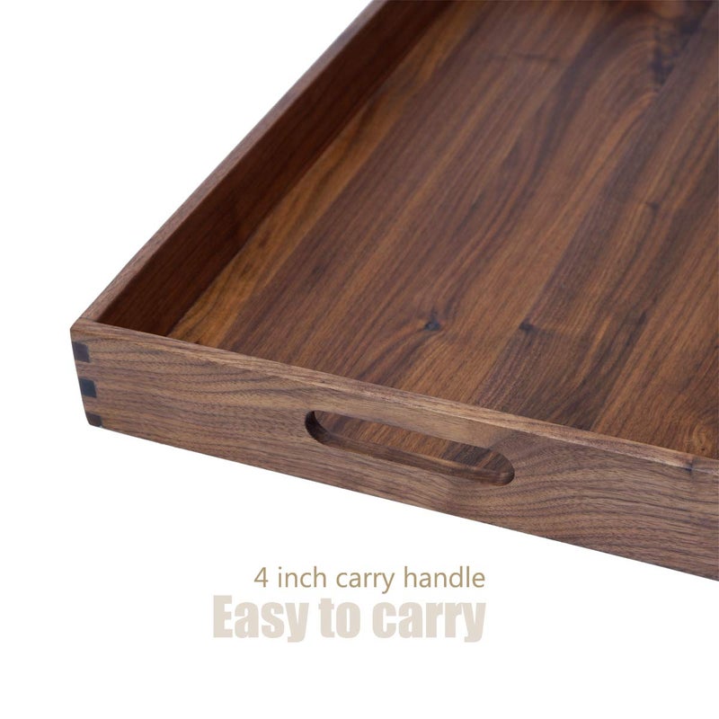 MAGIGO 22 x 14 Inches Large Rectangle Black Walnut Wood Ottoman Tray with Handles, Serve Tea, Coffee, Classic Wooden Decorative Serving Tray - Image 3